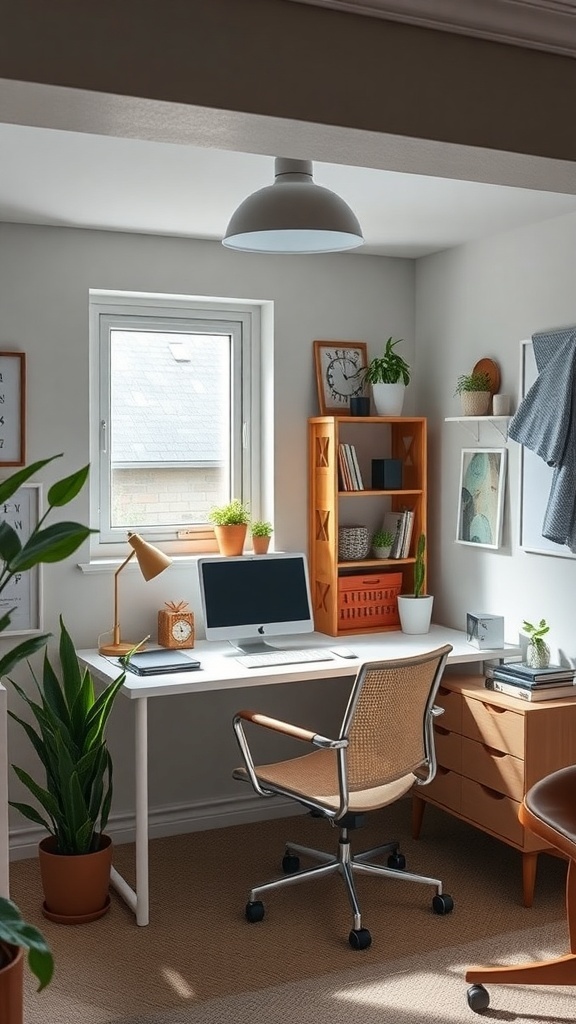 A bright and functional home office in a basement with a desk, chair, and natural light.