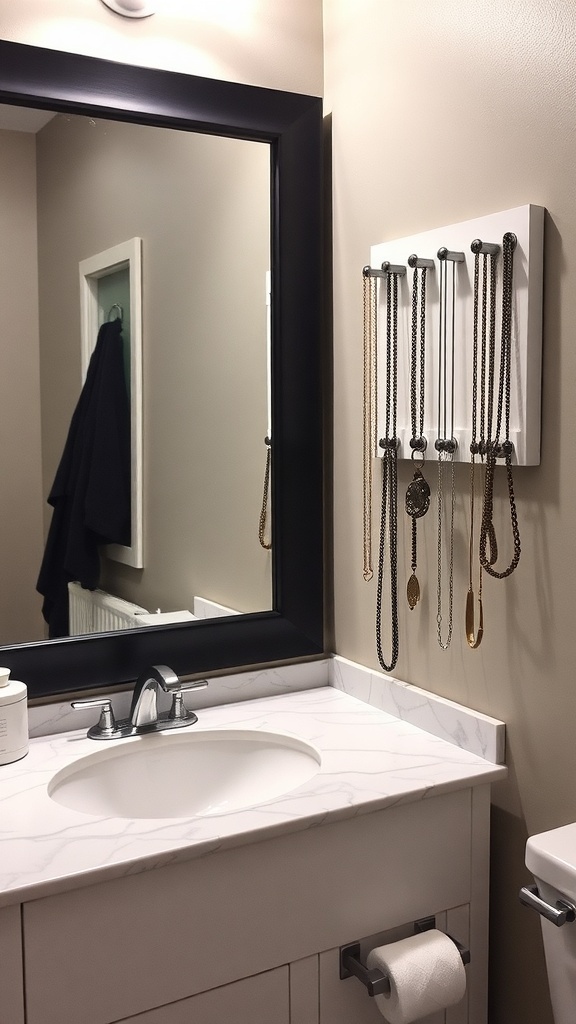 A bathroom counter with a jewelry holder displaying necklaces, a sink, and a mirror.