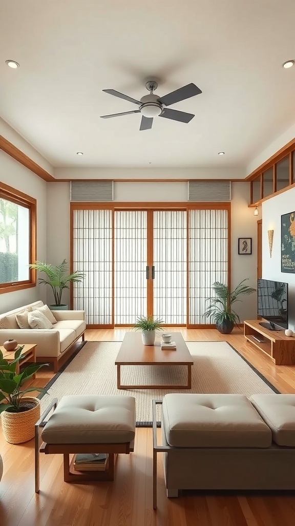 A well-designed Japandi living room featuring natural light, comfortable seating, and minimal decor.
