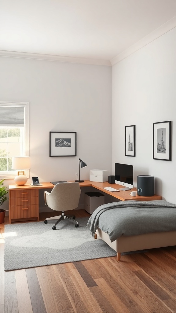 A functional office guest room combo featuring a desk, chair, and bed in a well-lit space.