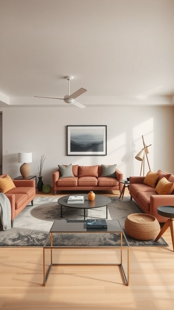 A cozy living room with two orange sofas facing each other, a circular coffee table in the center, and warm decor elements.
