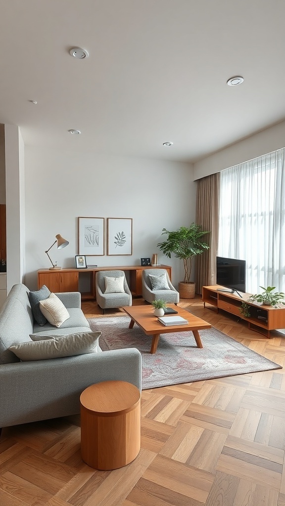 A cozy and stylish living room with modern furniture, plants, and artwork.