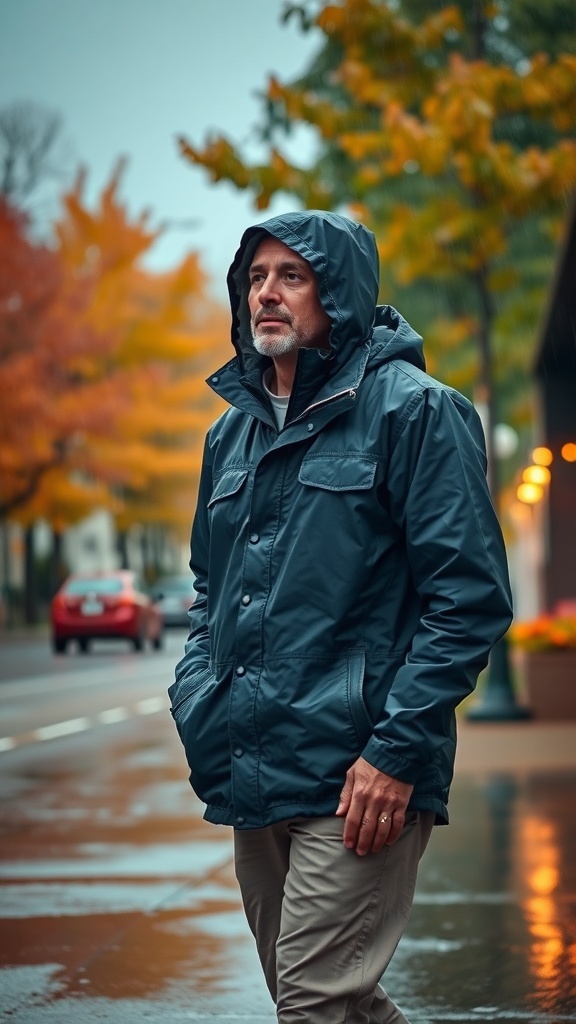 A man wearing a hooded jacket walking on a rainy street with autumn trees in the background.