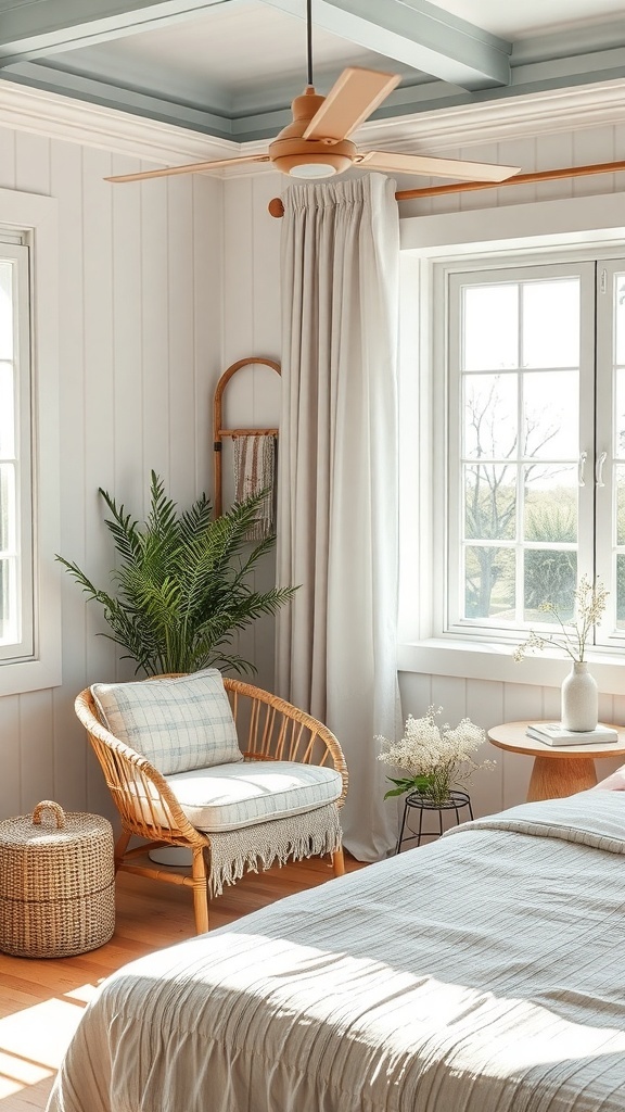 A bright and airy summer bedroom featuring a cozy chair, large windows, and a ceiling fan.