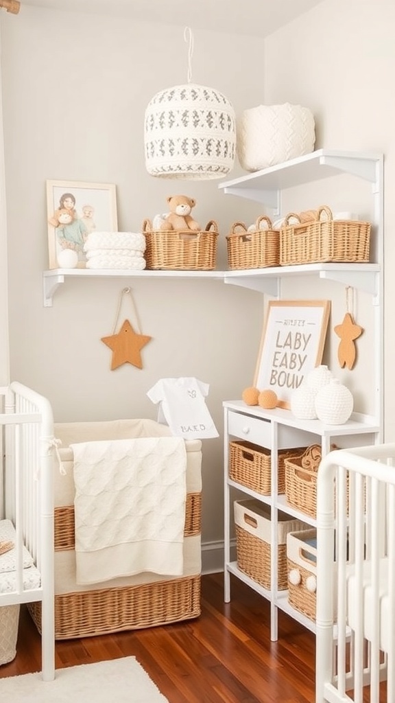 A nursery corner featuring a crib, storage baskets, and a decorative lamp.