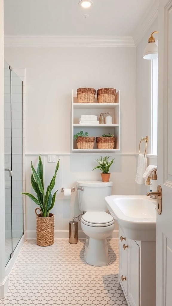 A stylish bathroom featuring functional storage solutions with open shelving, woven baskets, and potted plants.