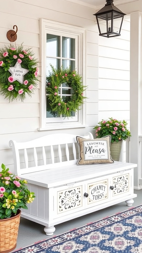A white storage bench on a front porch, decorated with a pillow and surrounded by potted plants and wreaths.