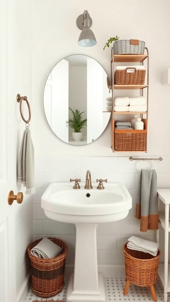 A stylish bathroom sink area featuring a round mirror, woven baskets for storage, and a small plant.