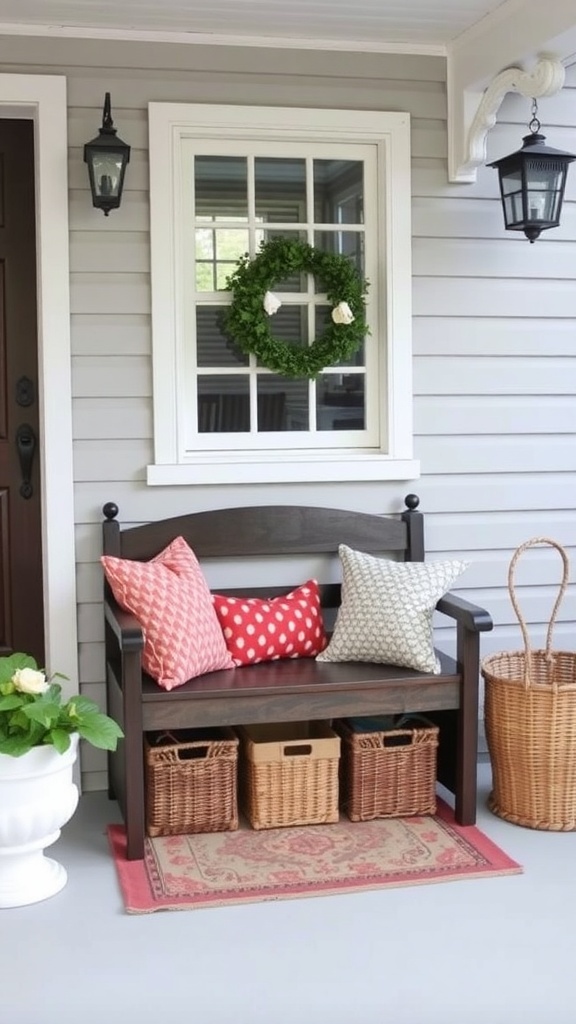 A small front porch featuring a wooden bench with colorful pillows, wicker storage baskets underneath, and a decorative rug.