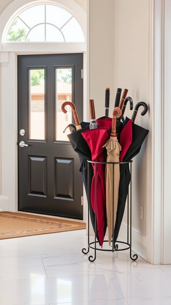 A stylish umbrella stand in an entryway holding multiple umbrellas.