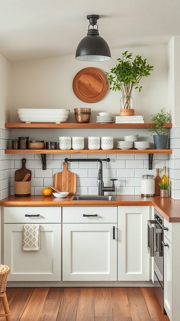 Cozy kitchen with wooden countertop, white cabinets, and open shelving