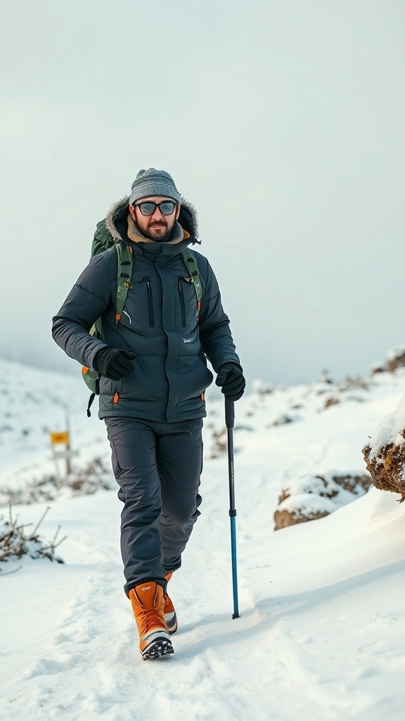 A man walking in the snow wearing a warm jacket, pants, and bright orange boots, showcasing winter gear.
