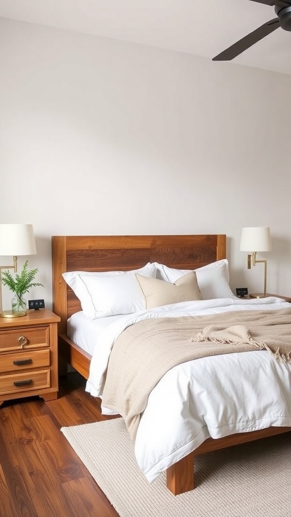 A cozy fall bedroom featuring a wooden bed, bedside table, and soft textiles.