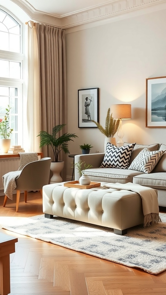 Cozy living room with a neutral sofa, patterned cushions, a tufted ottoman, and plants.