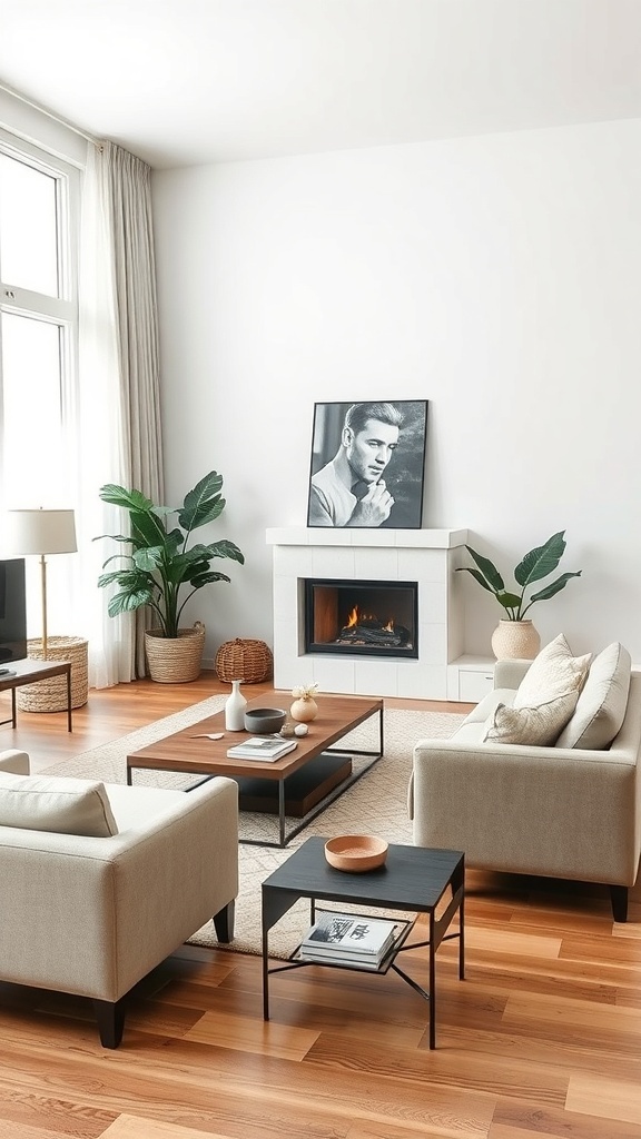 A cozy living room with a fireplace, modern furniture, and plants.