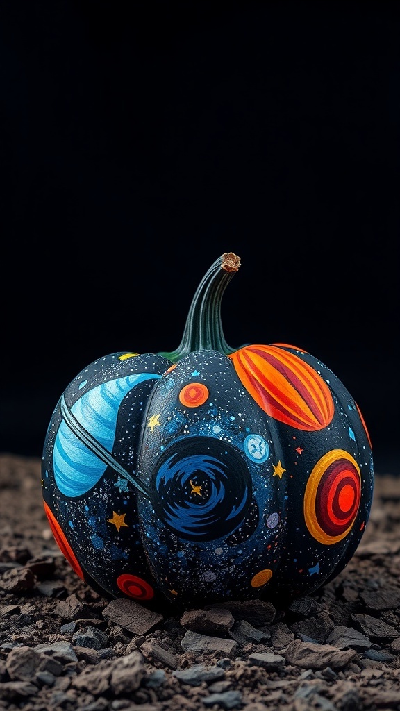 A beautifully painted pumpkin featuring galaxy and cosmic designs with vibrant planets and stars.
