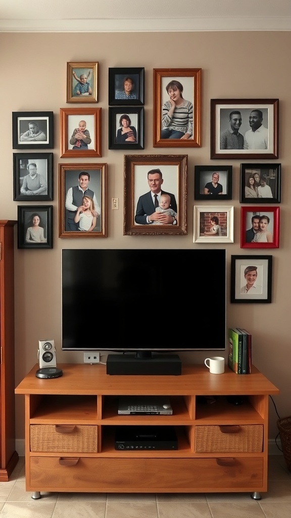 Gallery of family photos displayed above a TV