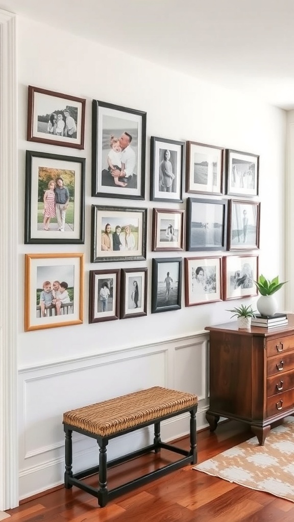 Gallery wall featuring family photos in various frames, with a bench and a plant nearby.