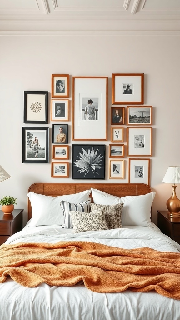A cozy bedroom featuring a gallery wall of framed photos and art above the bed.
