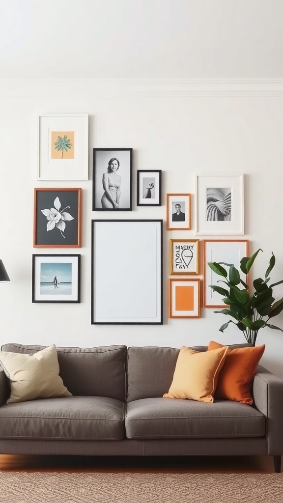 Gallery wall with mixed frames above a couch