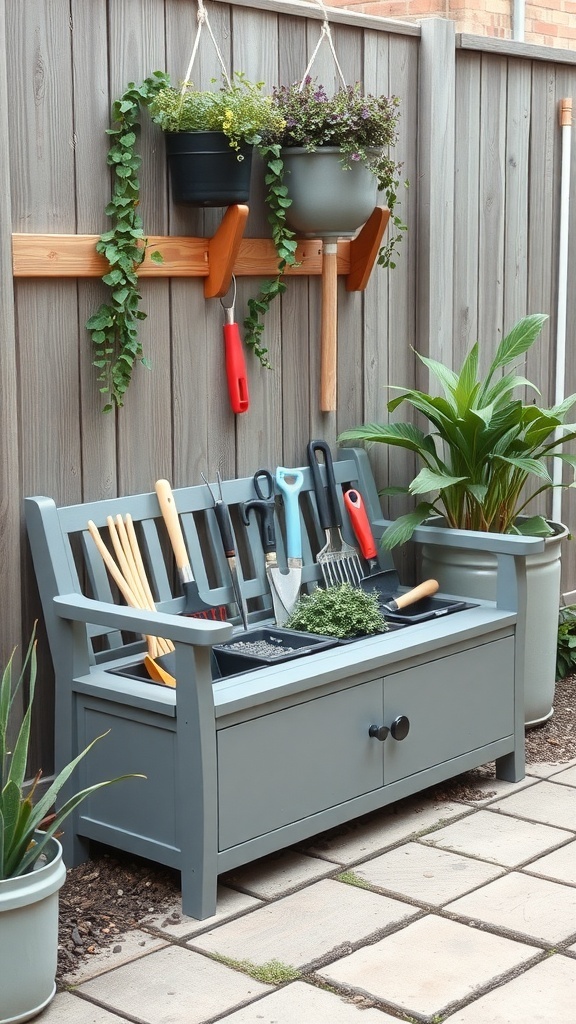 A garden bench with storage, surrounded by plants and gardening tools.