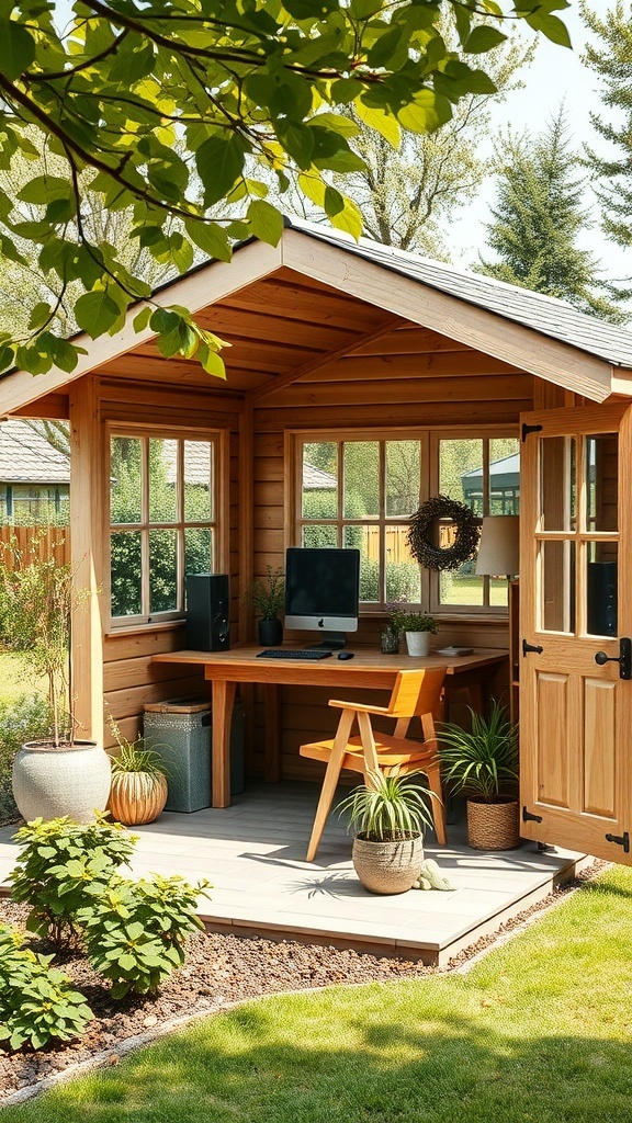 A cozy garden office with wooden walls, large windows, and a desk overlooking greenery.