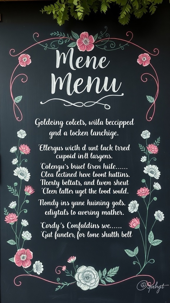 Chalkboard menu display with floral designs and various food items listed.