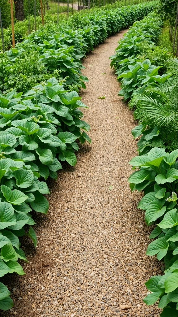 A garden pathway lined with lush green plants on both sides, creating a serene and inviting atmosphere.