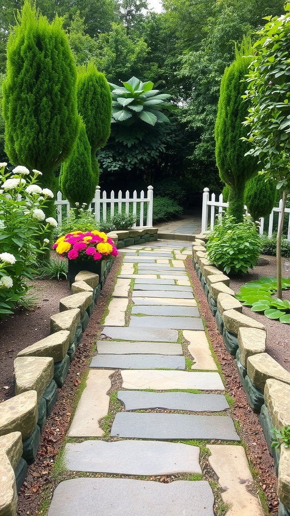 A garden pathway made of natural stone, bordered by greenery and colorful flowers.