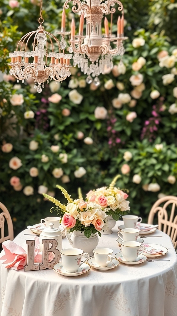 A beautifully set garden tea party table with floral decorations and elegant china.