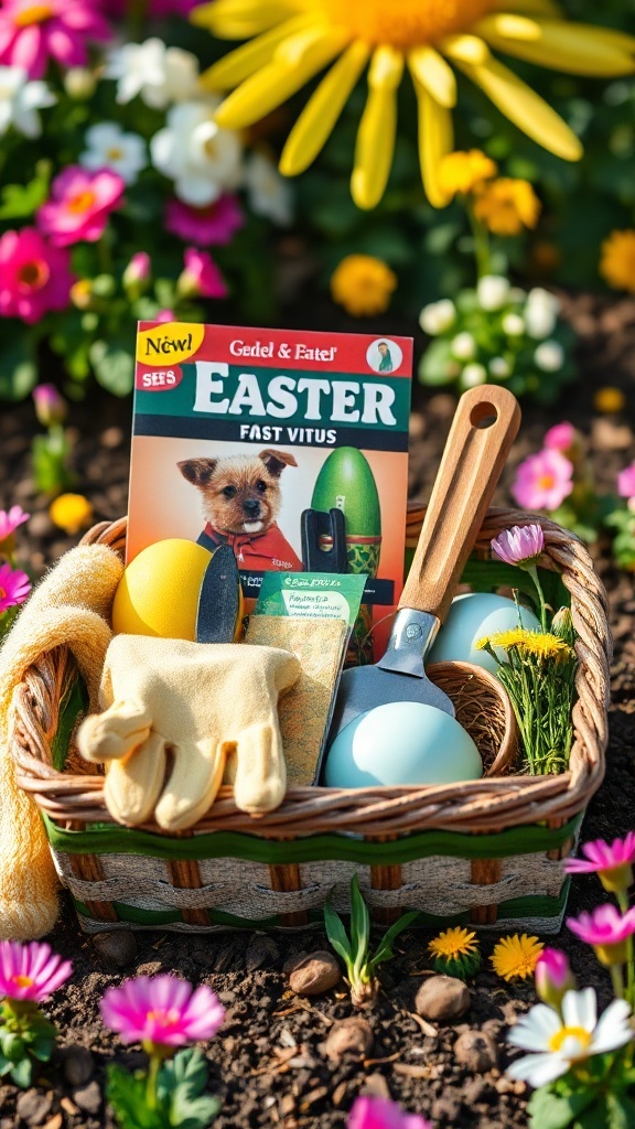 A beautifully arranged gardening starter kit in a basket, featuring gardening tools, decorative eggs, and seed packets, surrounded by blooming flowers.