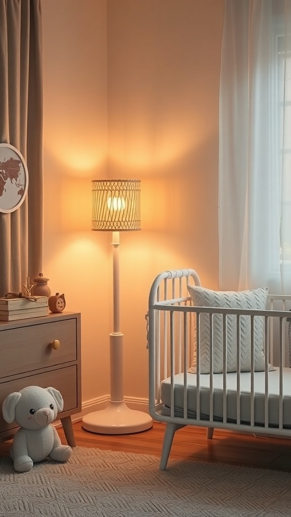A softly lit nursery corner featuring a crib, a plush toy, and a warm light lamp.