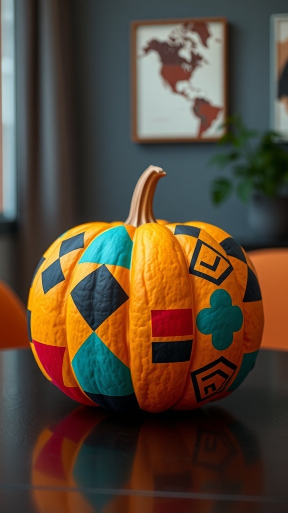 A pumpkin painted with geometric patterns in various colors.