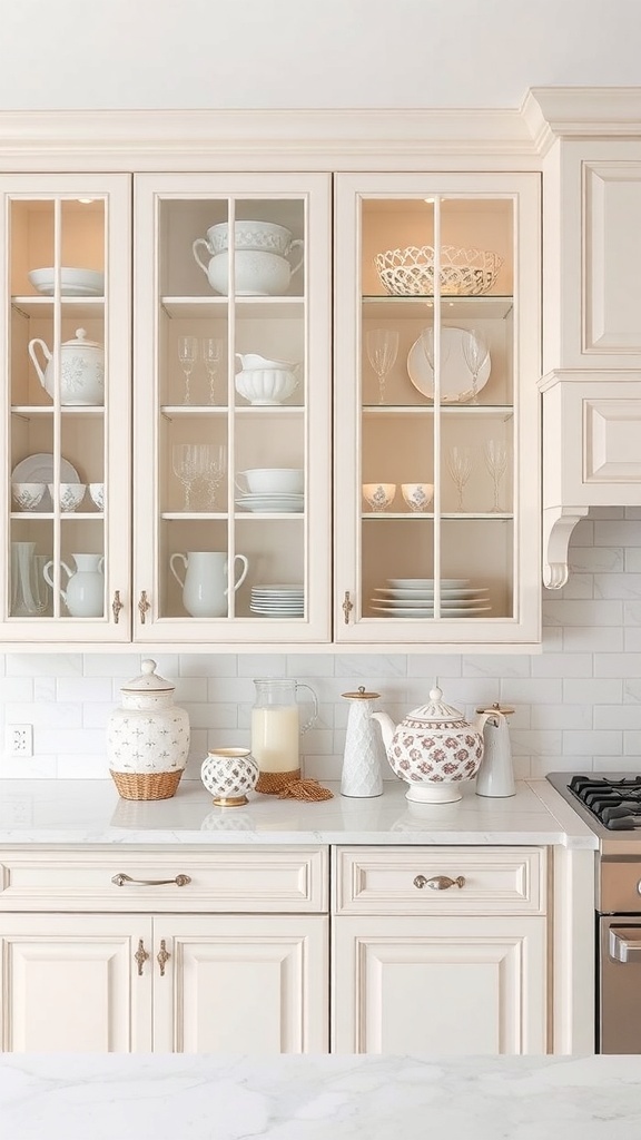 Glass-front kitchen cabinets displaying various dishware, including plates, glasses, and decorative pieces.