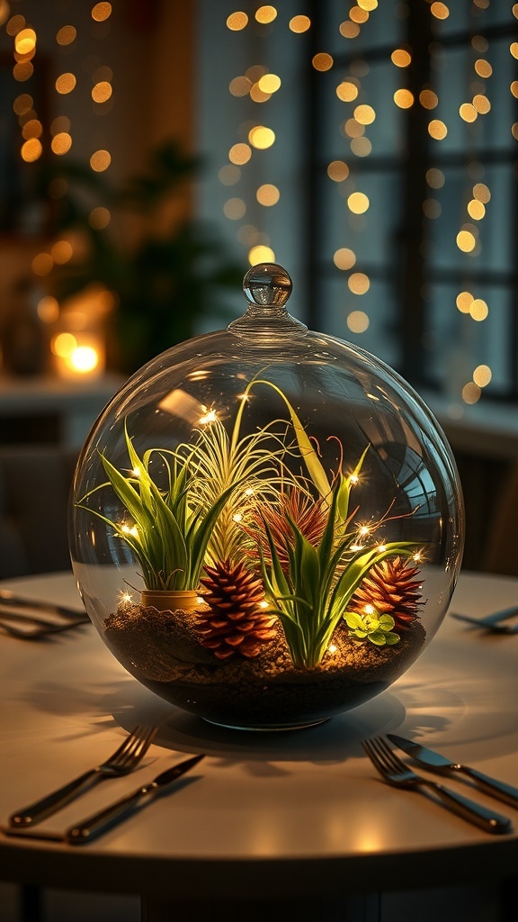 A glass terrarium with plants and fairy lights on a round table.