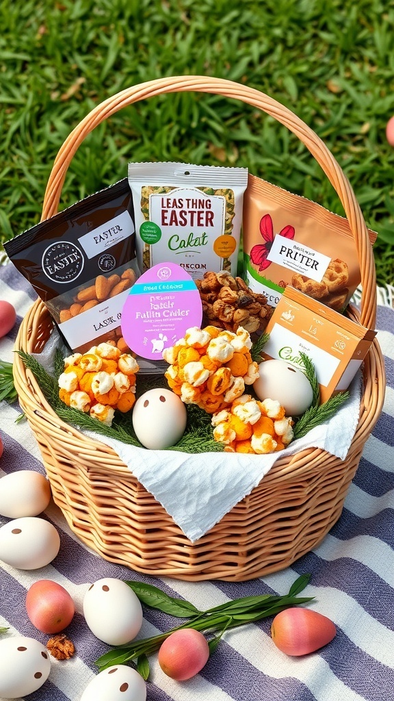 A wicker basket filled with gourmet snacks and Easter-themed decorations, surrounded by decorative eggs.