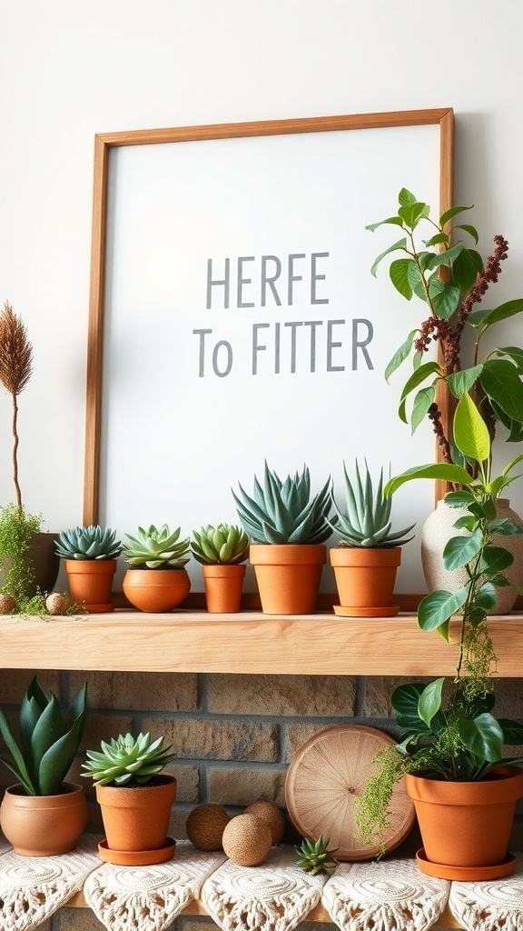 A summer mantel decor featuring various succulent plants in terracotta pots, with a decorative wall art piece and woven elements.