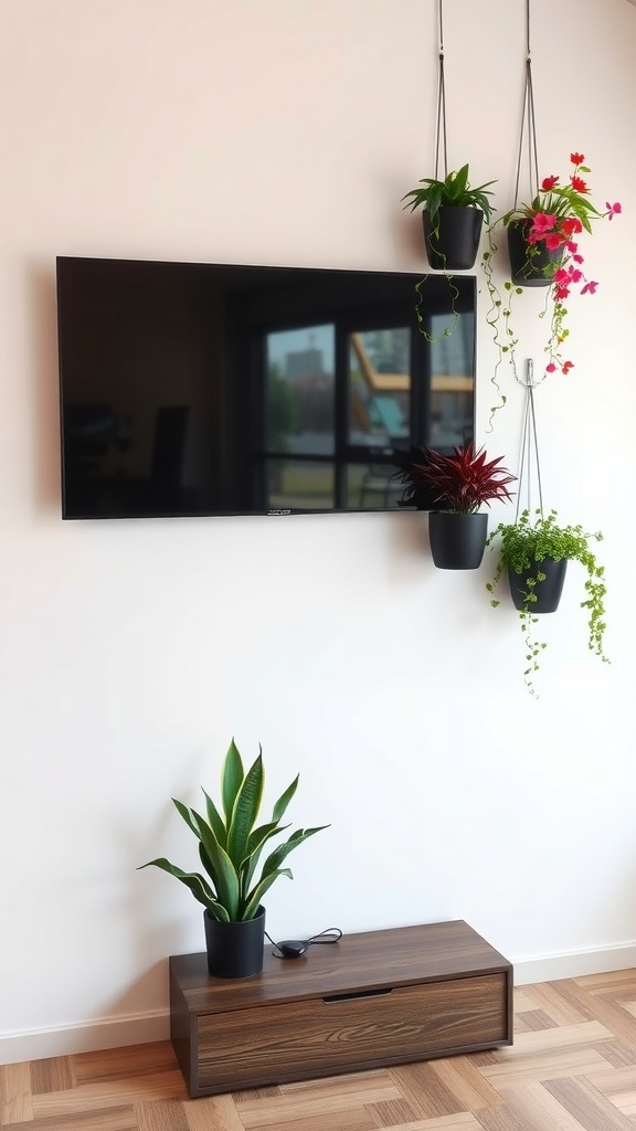 Wall-mounted planters with greenery around a TV.