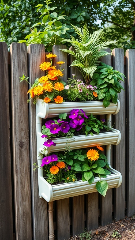 A vertical gutter garden with colorful flowers and plants mounted on a wooden fence.