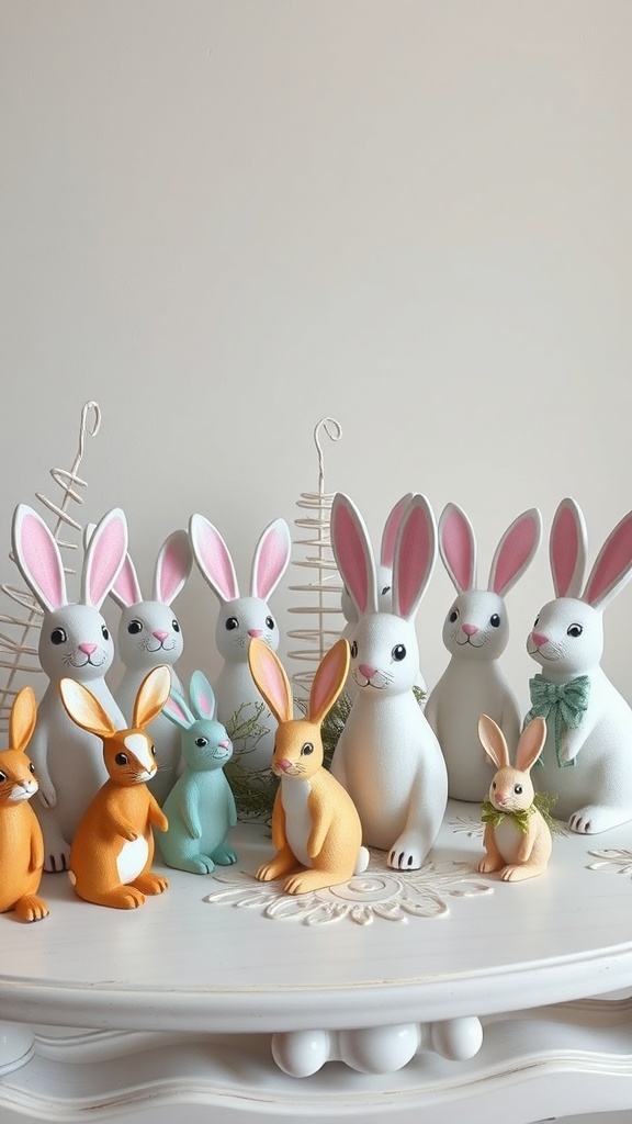 Colorful hand-painted wooden bunny figurines arranged on a table.