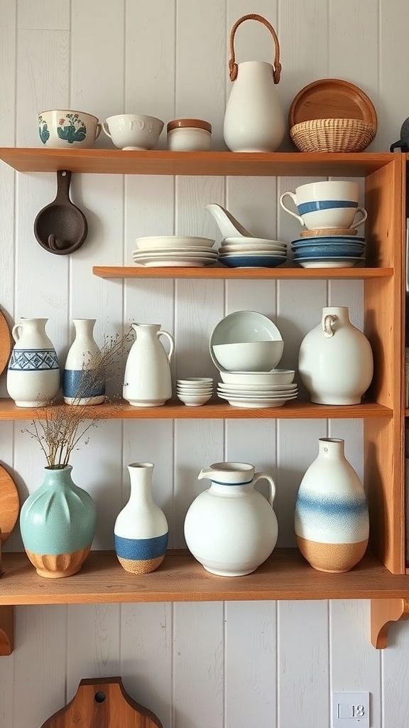A collection of handmade ceramics displayed on wooden shelves, featuring various vases, bowls, and plates in soft colors.