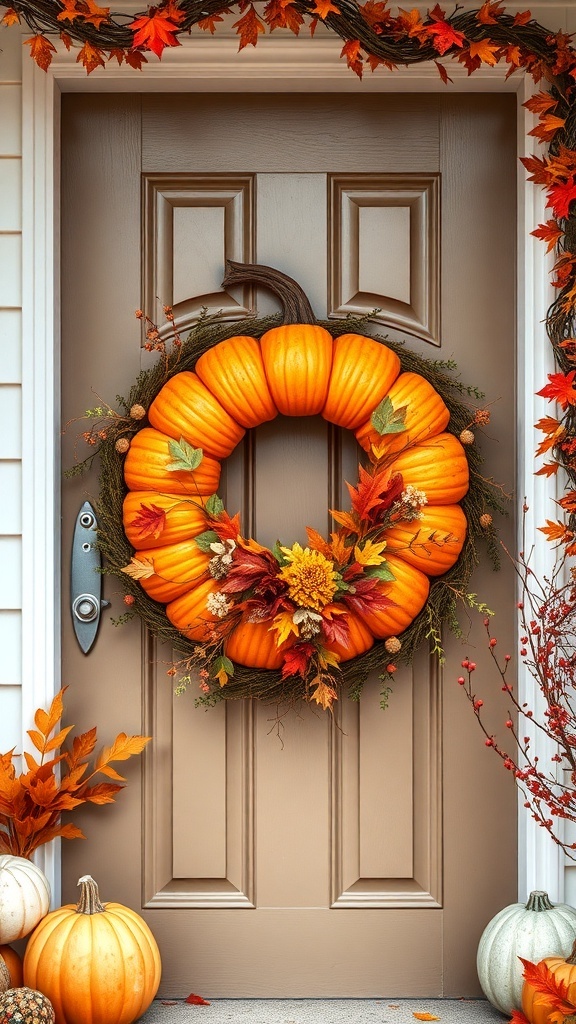A vibrant pumpkin wreath displayed on a door surrounded by autumn decorations