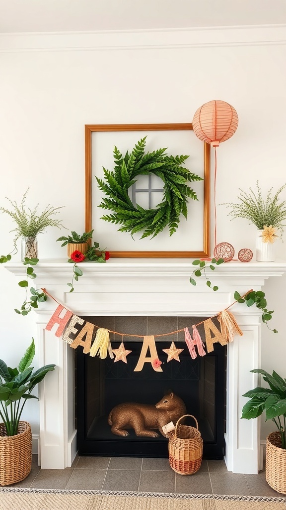 A summer-themed mantel with a wreath, paper lantern, and a playful banner.
