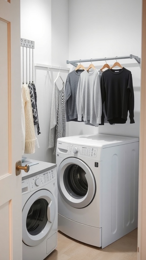 A small laundry room with a washing machine, dryer, and a hanging drying rack with clothes.