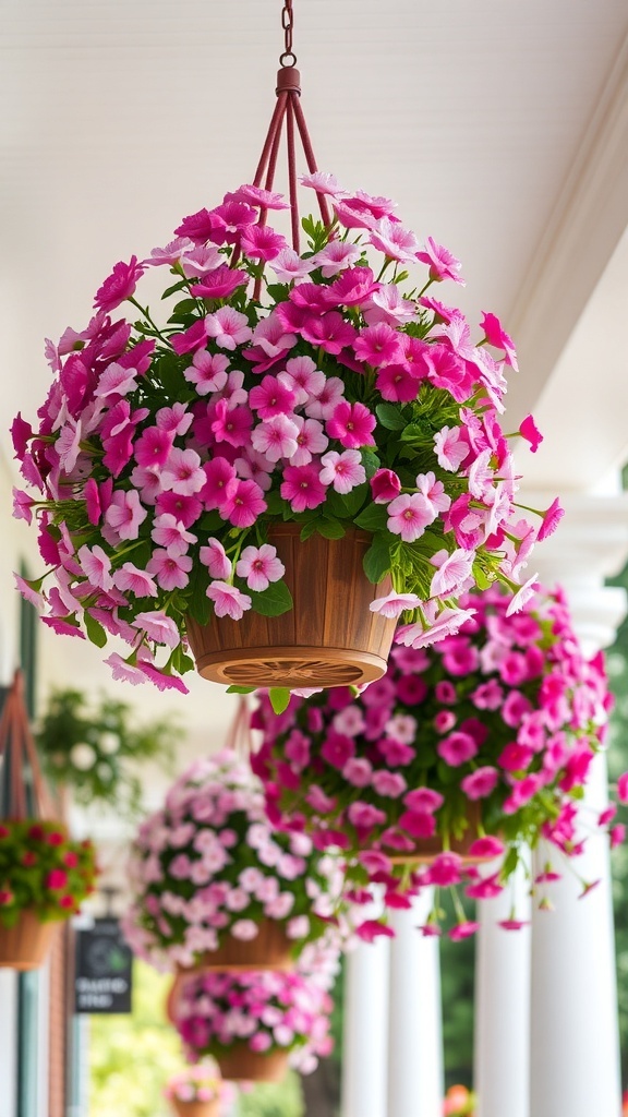 Hanging flower baskets filled with pink flowers on a porch
