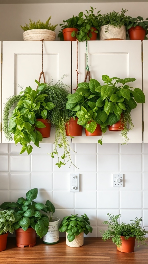 A stylish hanging herb garden with various potted plants above kitchen cabinets.