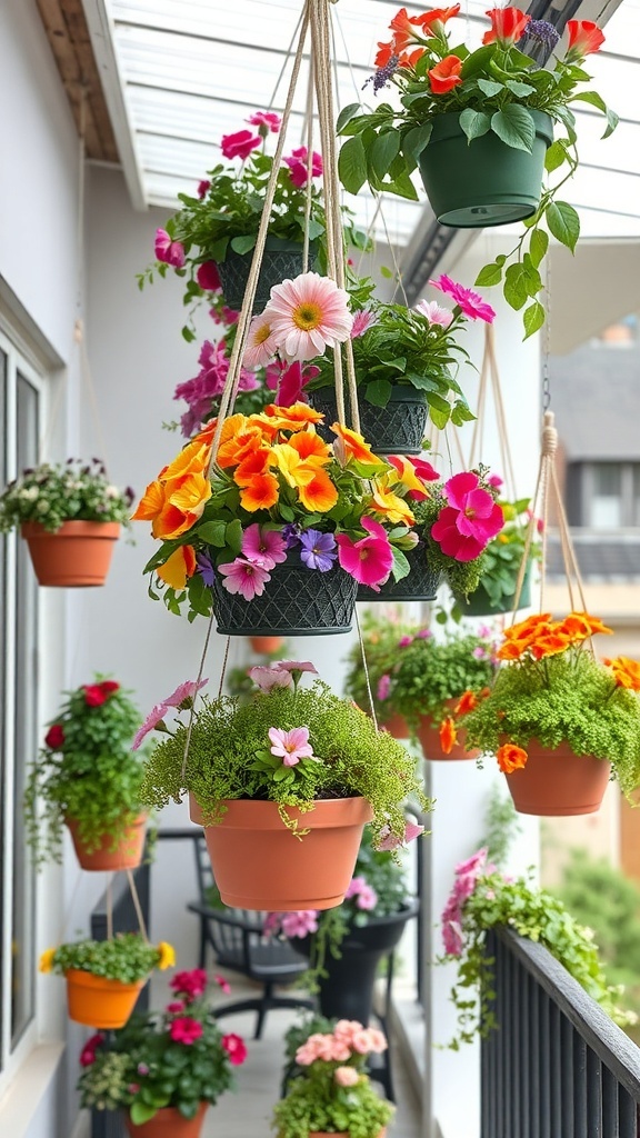 Colorful hanging planters filled with flowers on a balcony