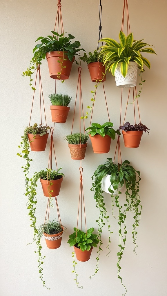 A collection of hanging plants in terracotta pots arranged vertically on a wall.