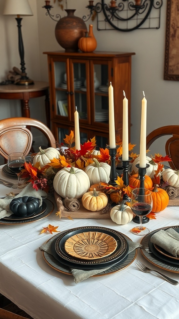 A beautifully arranged fall centerpiece with pumpkins, autumn leaves, and candles on a dining table.