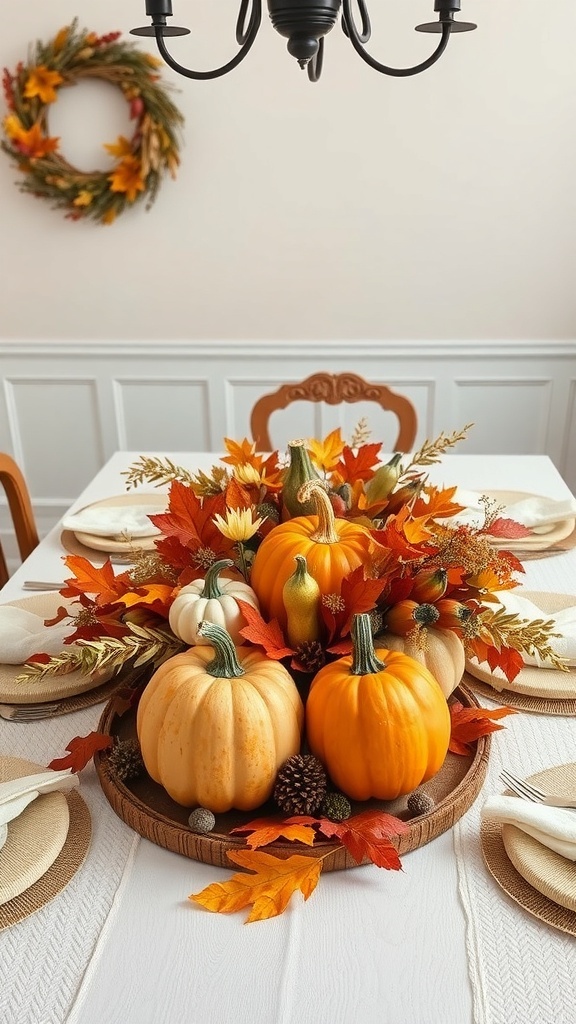 A beautiful fall centerpiece with pumpkins and autumn leaves on a dining table.